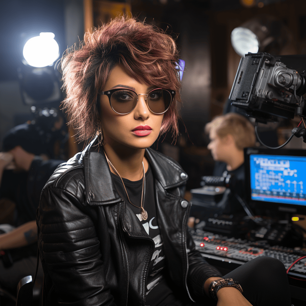 Femme Filmmaker Deidra puerto rican lady filmmaker shown with spikes redish colored hair, sunglasses and a black leather in a studio