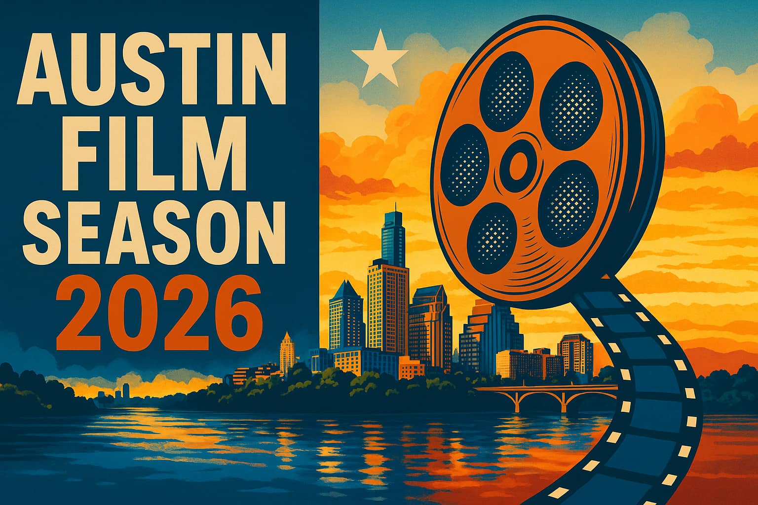 Poster for Austin Film Season 2026 featuring bold typography on the left and a stylized orange-and-blue film reel over a painterly Austin skyline at sunset. The Texas flag’s star glows above the skyline, and reflections shimmer across the river beneath a warm orange sky.