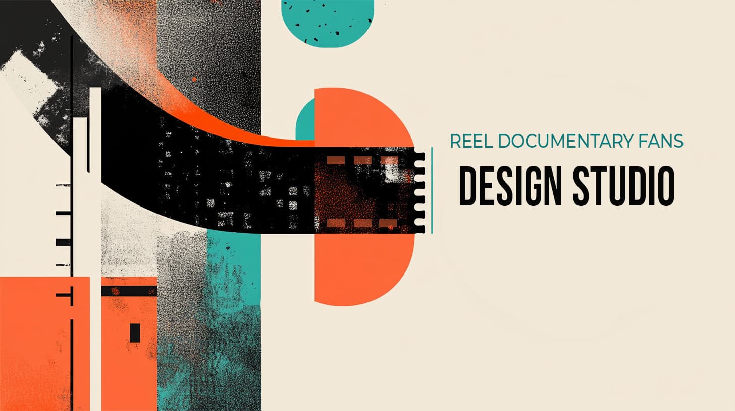 Abstract graphic banner for Reel Documentary Fans Design Studio featuring a curved black film strip with orange and teal geometric shapes on a beige background, symbolizing creativity and visual storytelling in film and design.