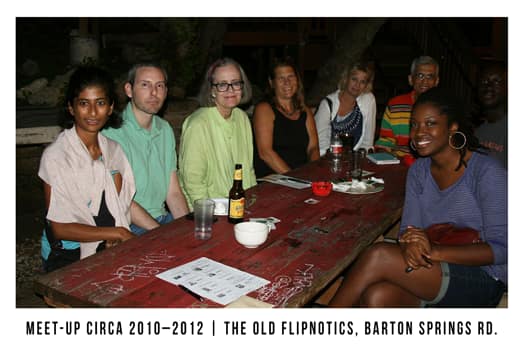 Members of Austin Documentary Fans (now known as Reel Doc Fans) gathered at The Old Flipnotics on Barton Springs Road for a community meet-up around 2010–2012.