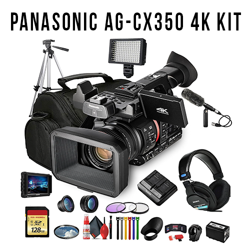 Panasonic AG-CX350 4K UHD professional handheld camcorder kit with 20x optical zoom, LED light, external microphone, 4K monitor, filters, 128GB SD card, tripod, padded case, batteries, and headphones
