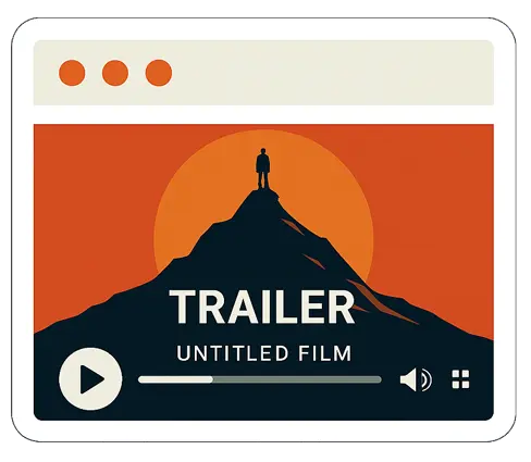 Minimalist digital illustration of a movie trailer interface showing a person standing on top of a mountain at sunset. The screen reads “TRAILER — UNTITLED FILM” with a play button, progress bar, and volume icon below.